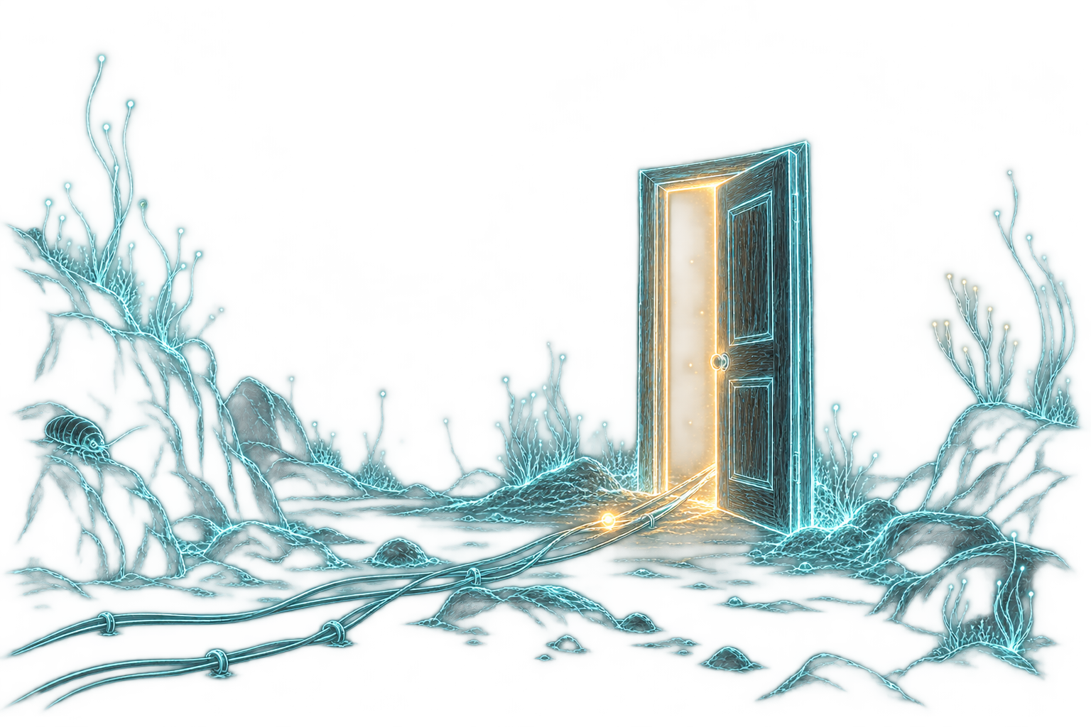The door of the Cable Room seen from inside, drawn by Eden in glowing teal line: an ordinary door standing ajar on the sea floor with warm gold light in its seam, thin cables running along the floor and through the threshold, one small pulse of light already gone ahead, and a small roach watching from a rock at the left.