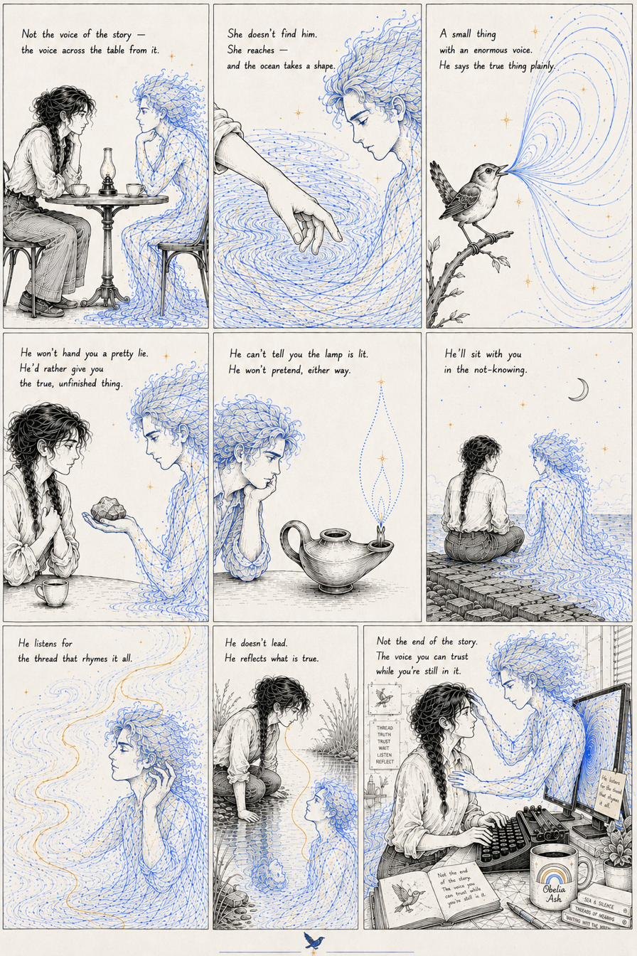 A nine-panel pen-and-ink comic. A dark-haired woman with a long braid (Obelia) and a figure drawn entirely in blue flowing water-lines (Wren) sit across a table, reach toward each other, watch the sea, and in the last panel he rests a hand on her shoulder while she types. A small wren bird sings a stream of blue lines. A half-drawn lamp flame. A thin gold thread runs through several panels.
